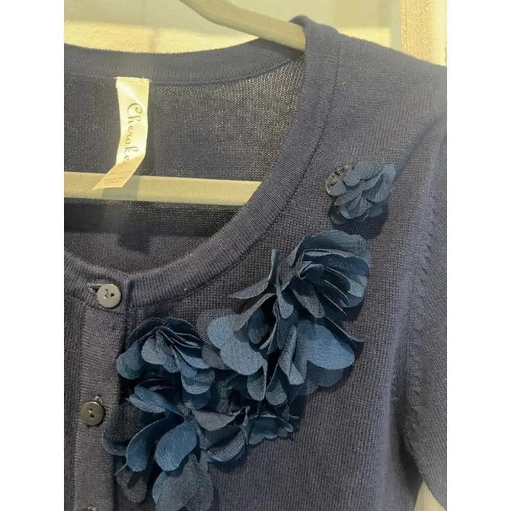 Cherokee Girls Navy Cardigan Sweater XL Button Front Floral Accent NWT